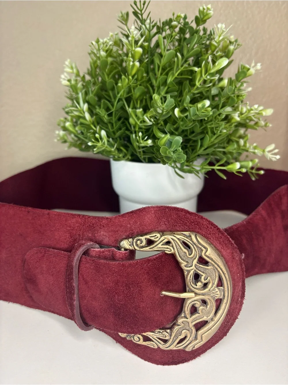 Wide Suede genuine leather Belt with Ornate Gold Buckle - BurgundyL/M